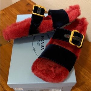Prada Red Fur Slides with Black Velvet Straps and Gold Buckles